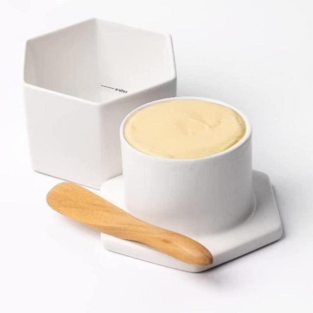 French Butter Crock w/Lid & Wood Spreading Knife - White Butter Keeper for Countertop - Modern Hexagon Shape Butter Keeper - Stoneware Butter Crock - Dishwasher, Oven & Microwave Safe Butter Storage