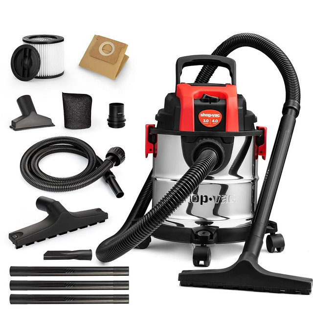 Shop-Vac 3 Gallon 4.0 HP Wet/Dry Vacuum with Blower Function, Stainless Steel Tank, Portable Shop Vacuum with Wheels, Includes Filters, Hose & Accessories, Ideal for Garage and Workshop