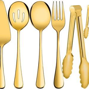 Serving Utensils, XEVOM 6-Piece Stainless Steel Serving Utensil Set Include Serving Spoon, Slotted Serving Spoon, Serving Fork,Serving Tong, Appetizers Tong,Pie Server(Gold)