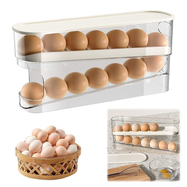 Egg Holder for Fridge, 2025 New Egg Organizer for Refrigerator Automatic Scrolling Eggs Rack Holder Rolling Dispenser, Stackable Fridge Container and Storage with Lid (1 Pcs)