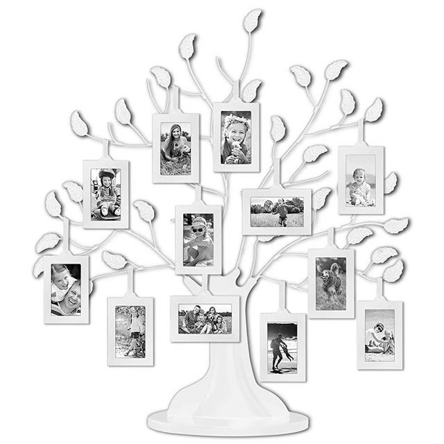 Americanflat White Family Tree with 12 Hanging White 2x3 Picture Frames and Adjustable Ribbon Tassels - 22"