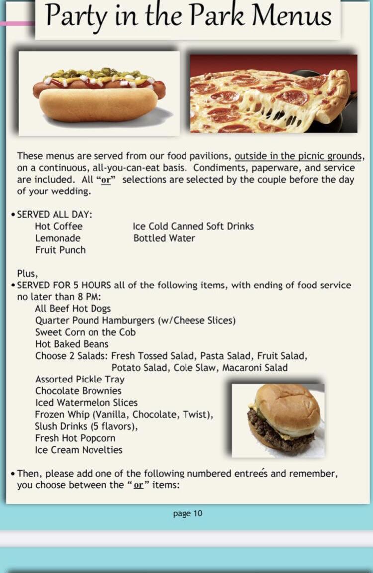 Our menu. We will also have oven-fried chicken, zesty pizza, cotton candy, chips, pretzels.