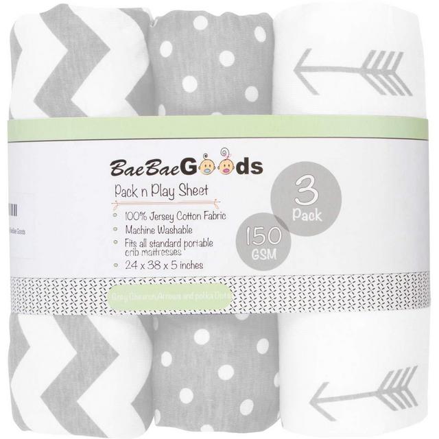 Pack n Play Playard Sheets Set | 3 PACK | 100% Super Soft Jersey Knit Cotton (150 GSM) | Portable Mini Crib Mattress Fitted Sheet for Boys & Girls by BaeBae Goods