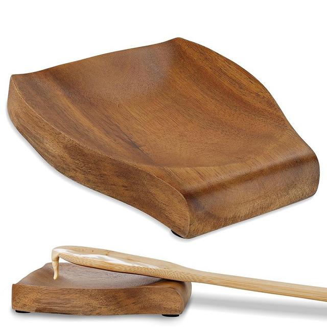 Potted Pans Wooden Spoon Rest - Acacia Wood Stove Top Spoon Holder with Non-Slip Grips for Spoons, Spatulas, and Tongs