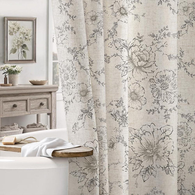 NDDYCU Farmhouse Floral Linen Shower Curtain, Vintage Grey Pattern Rustic Shower Curtains for Bathroom, Tan Taupe,Gray,72x72