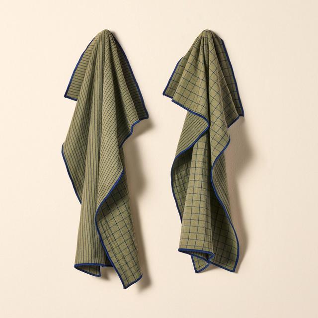2ct Reversible Grid/Stripe Kitchen Towels Olive/Navy - Hearth & Hand™ with Magnolia