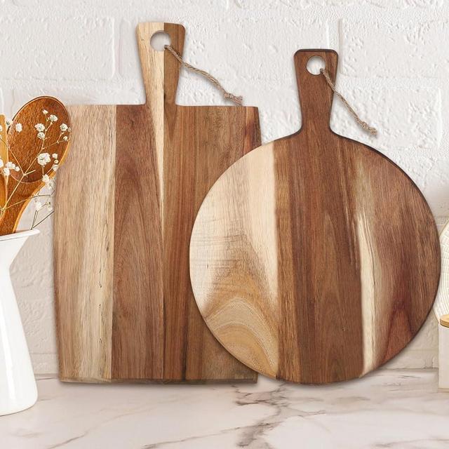 Hsei 2 Pcs Acacia Wood Cutting Board with Handle Wooden Charcuterie Board Large Paddle Carving Chopping Board Set Butter Board Serving Tray for Cheese Meat Fruit Pizza Bread Baking(16x12, 17x10 Inch)