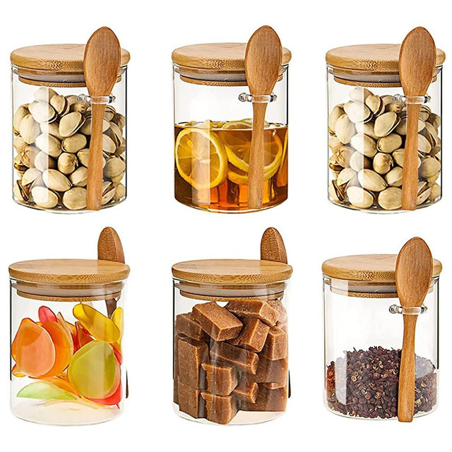 NEPIVEL 6 Pack Glass Jar with Bamboo Lids, 18.5Oz Glass Containers with Airtight Bamboo Lid and Spoons,100% Sealed Glass Spice Jars for Candy Coffee Beans Sugar Nuts Cookies,540ml