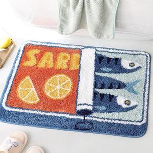 TRUEDAYS Sardine Can Bath Mat, Blue Bathroom Rugs for Bedroom, Soft Washable Rug Non Slip Cute Kitchen Bath Mats for Bathroom Funny Cartoon Fish and Lemon
