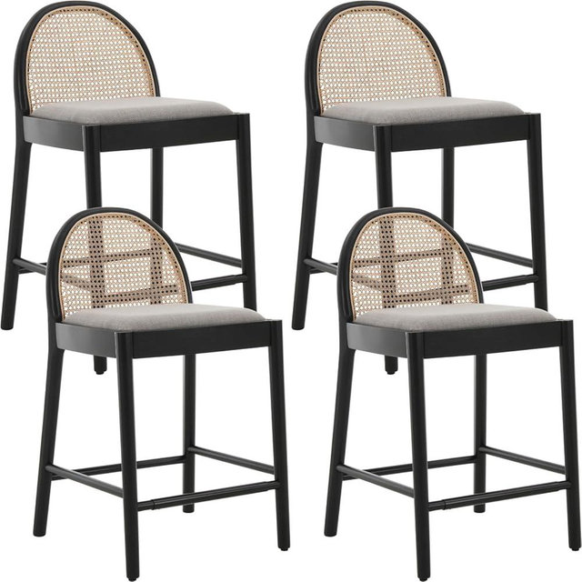 Ya-Home Mid-Century Bar Stools Set of 4, 26 Inch Rattan Back Linen Counter Height Barstools Comfy Upholstered Bar Chairs with Wooden Legs for Kitchen Dining Room, Grey