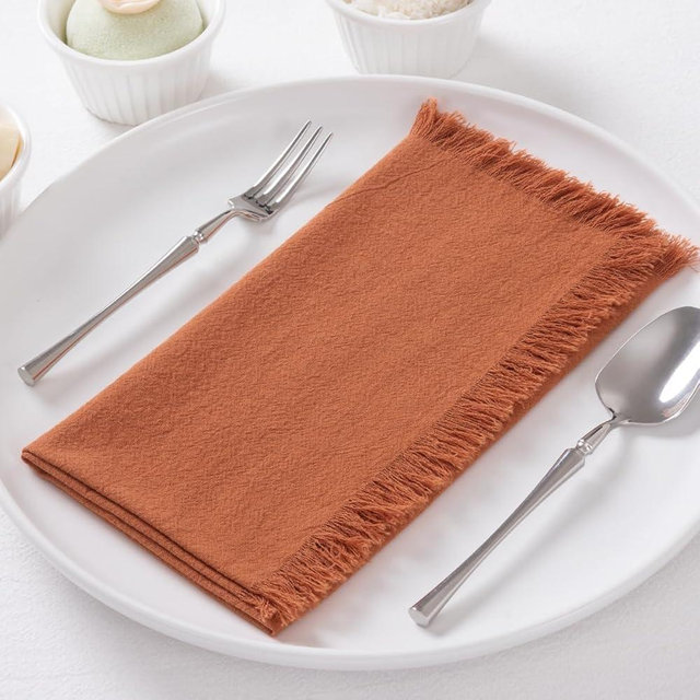 DeZerlor 12 Pack Terracotta Cotton Linen Napkins with Fringe Fall Napkins Cloth Set of 12 Boho Thanksgiving Napkins Handmade Dinner Napkins Bulk for Wedding Fall Dining Table, 17 x 17 Inches