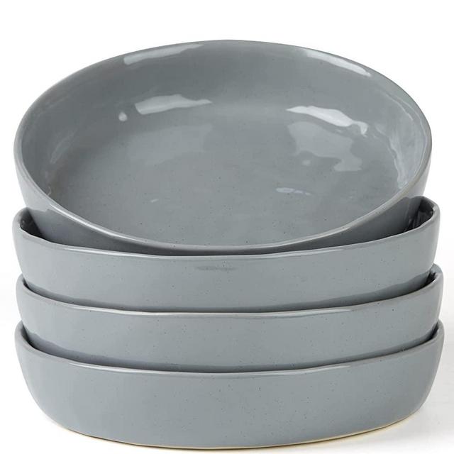 famiware 4 Pieces Pasta Bowls Set, 8.5 inch Salad Bowls, Large Capacity, Bowl Sets with Brown Speckled Perfect for Your Friend for Housewarming, Thanksgiving, Dark Gray