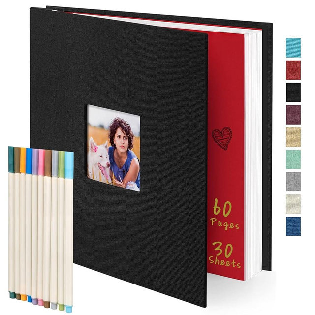 Large Scrapbook Photo Album Self-Stick 60 Pages Black Linen Hardcover Magnetic Picture Book for 2x3 3x5 4x6 5x7 6x8 8x10 Pictures(11x10.6inch) with 10 Metallic Pen