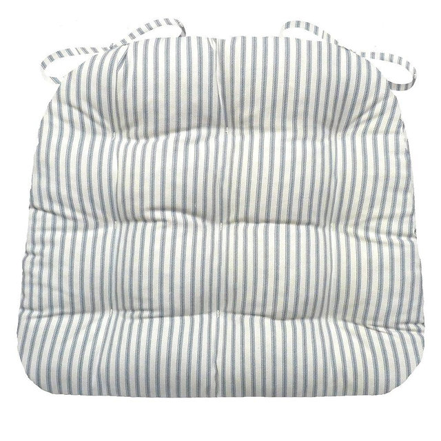 Barnett Home Decor Ticking Stripe Berlin Blue Dining Chair Pad with Ties - 15 x 17 Size Small Chair Cushion - Latex Foam Fill - Machine Washable, Reversible, 100% Cotton, Made in USA (Light Blue)