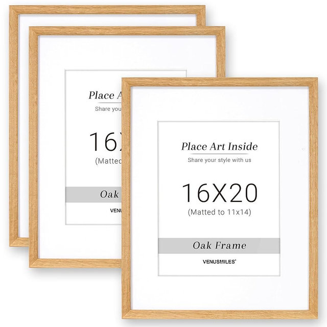 16x20 Oak Picture Frame with 11x14 White Mat, Tempered Glass, Natural Oak Wood Frame, Vertical and Horizontal Display for Wall and Table, Display Photos Arts Posters Certificates, Set of 3