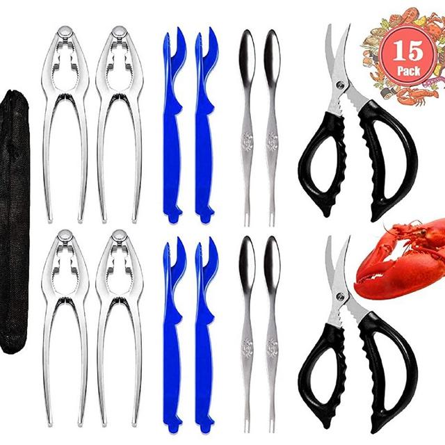 15 Pcs Seafood Tools Set - 4 Crab Crackers, 4 Lobster Shellers, 4 Crab Leg Forks/Picks , 2 Seafood Scissors & 1 Storage Bag - Nut Crackers Set Opener Shellfish Lobster Crab Leg Crackers and Tools