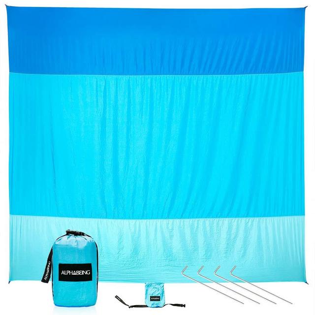 AlphaBeing Sand Free Beach Blanket - 9' X 10' Oversized Sand Proof Mat with 4 Anchor Loops & Metal Stakes - Outdoor Picnic Blanket Ground Cover for Camping, Hiking, Travel and Music Festivals