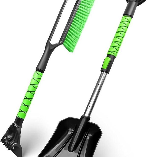 SEAAES Snow Brush and Emergency Snow Shovel for Car, Extendable Snow Ice Scraper with Foam Grip, Compact Snow Shovel for SUV Truck Vehicle Windshield Window - Green