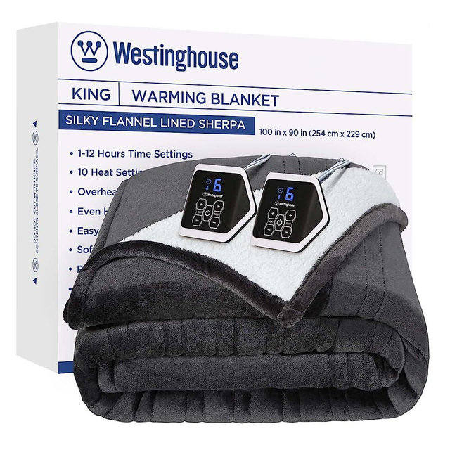 Westinghouse Heated Blanket King Size, Electric Heating Blanket with 10 Heating Levels, 12 Hours Auto Off, Overheat Protection, Flannel to Sherpa (King, 100 * 90 Inches, Charcoal&Ivory)