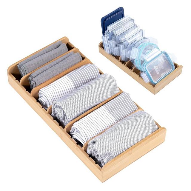 KitchenEdge Bamboo Kitchen Towel and Food-Storage Organizer, Perfect for Kitchen Drawers, Cabinets, Pantry, 5 Adjustable Wall Inserts, Organize & Store Plastic Food Containers