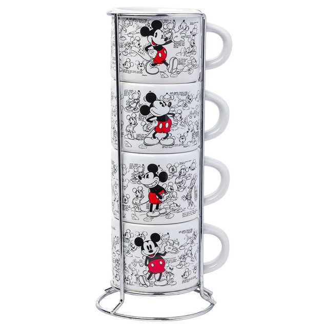 Silver Buffalo Mickey Heritage Sketch Multi Art 4pc Stackable Ceramic Mug Set, 3 Ounces