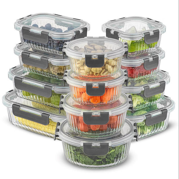 JoyJolt 24 Piece Fluted Glass Food Storage Containers with Leakproof Lids Set - Gray