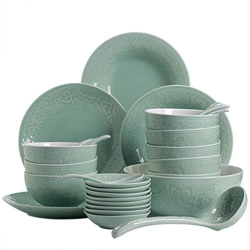 30 Piece Dishes Dinnerware Set, Retro Green Embossed with Golden Trim Ceramic Dinnerware Set Stone Ware Dinnerware Set