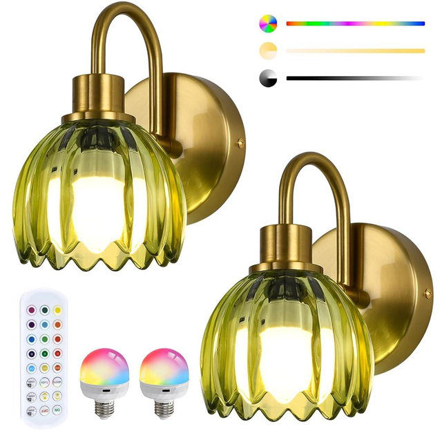NOVCAND Battery Operated Wall Sconces Set of 2, Rechargeable Wall Lights with Tulip Glass Shade, 12 RGB and 3CCT Dimmable, Wall Lamps with Remote for Bedroom Living Room Hallway, Green