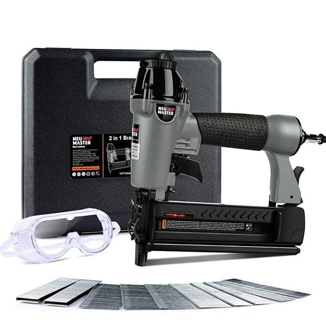 Pneumatic Brad Nailer, NEU MASTER 2 in 1 Nail Gun Staple Gun Fires 18 Gauge 2 Inch Brad Nails and Crown 1-5/8 inch Staples with Carrying Case and Safety Glasses