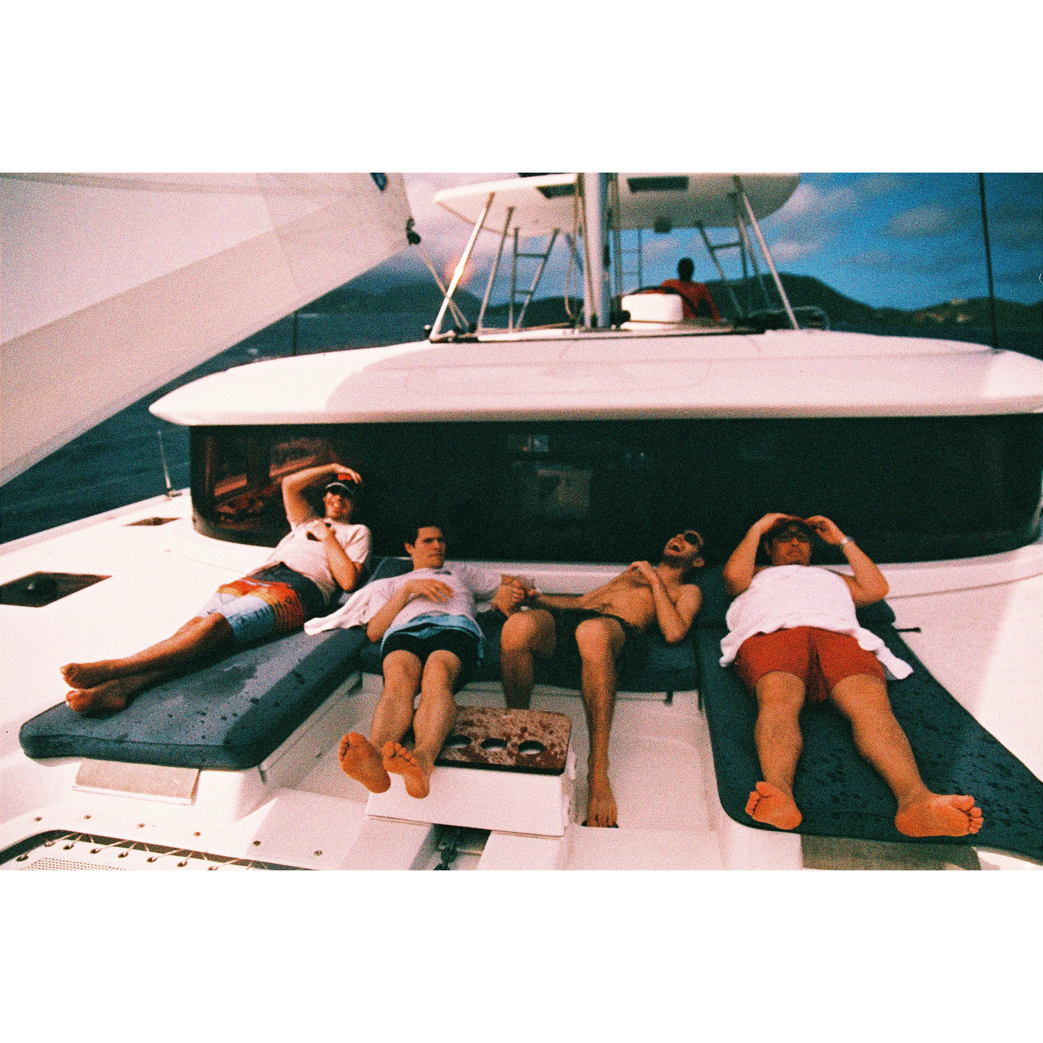 Bryce's bachelor party: on the boat; from left to righ: Yohan, Max, Bryce, Diego; up top: our skipper, Craig