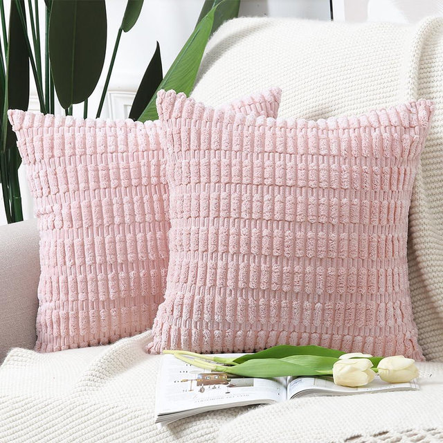 MADIZZ Pack of 2 Boho Striped Corduroy Throw Pillow Covers 16x16 Inch Light Pink Soft Decorative Cushion Cover for Sofa Bedroom Pillow Shell