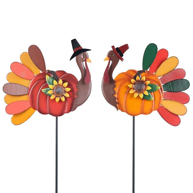 YEAHOME Thanksgiving Decorations Outdoor, 2PCS Turkey Decorative Garden Stakes with Sunflowers for Fall Thanksgiving Decor, Metal Yard Signs for Home Garden Lawn Porch Fall Decorations