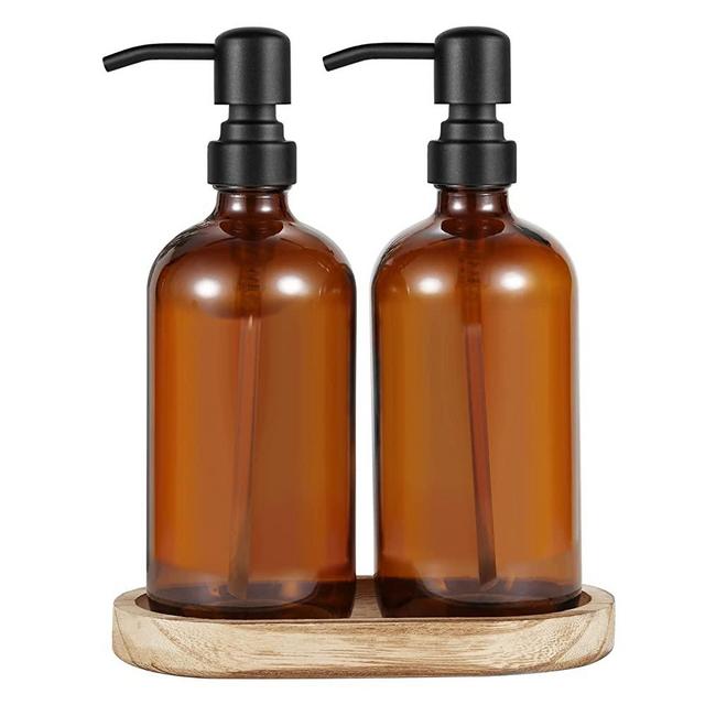 CHBKT Farmhouse Bathroom Decor Sets, Glass Hand Soap Dispenser Bathroom Set - 16oz Amber Boston Round Bottles Dish Dispenser with Matte Black Stainless Steel Pump, Wood Tray and 12pcs Stickers