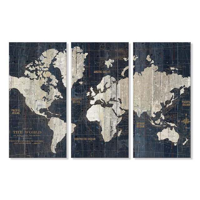 Goldfoilart Vintage World Map Blue Canvas Wall Art Black White Large Poster Print Pictures Artwork Decor for Living Room Bedroom Office Decorations Ready to Hang 16"x32"x3pcs