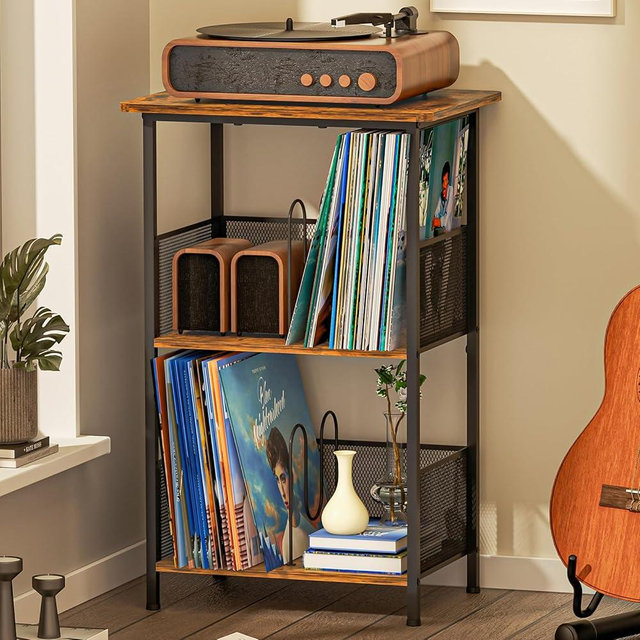 Record Player Stand Up to 200 Albums, Vinyl Storage Table with Extended Wooden Desktop, Record Player Holder for Albums, Vinyl Stand End Table Storage Rack for Bedroom & Living Room