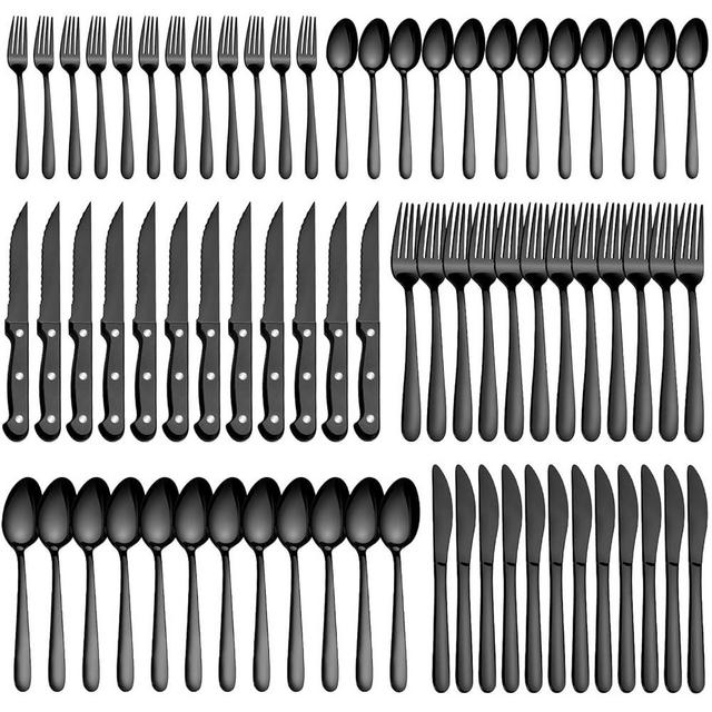 Pleafind 72-Pieces Black Silverware Sets for 12, Flatware Set with Steak Knives, Stainless Steel Cutlery Set, Include Forks Spoons and Knives Set, Dishwasher Safe Utensil Sets for Home Restaurant