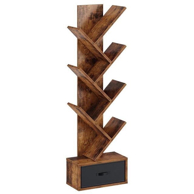 Rolanstar 7 Tier Tree Bookshelf, Industrial Wood Bookcase, Vintage Storage Rack with Open Shelves, Rustic Standing Bookshelves Display Rack for Living Room, Bedroom, Rustic Brown Black