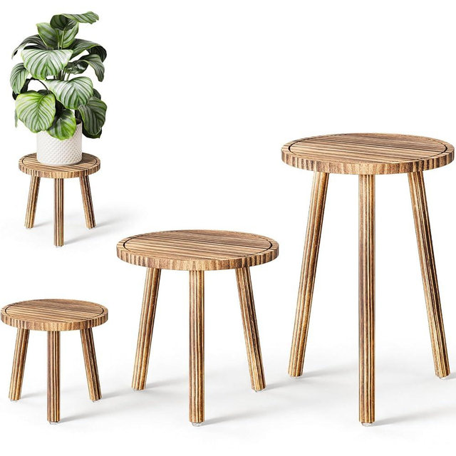 Uneedem Plant Stand Indoor - 3-Pack Taller Single Wood Plant Stand for 6-12 Inch Pots, Mid-Century Modern Plants Stool for Large Plants, Small Round Wooden Planter Table for Living Room, Balcony