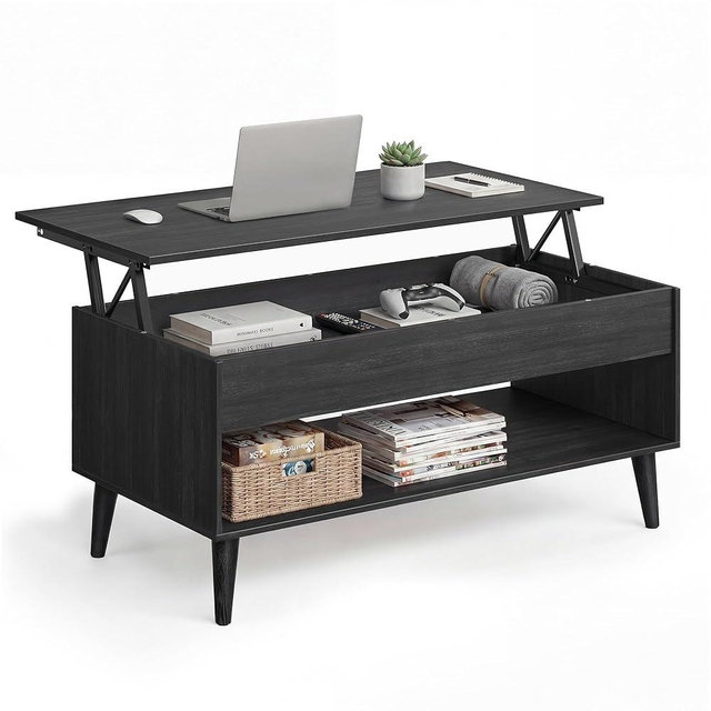 VASAGLE Lift Top Coffee Table, Lift Tabletop Dining Table, Gas Spring, Hidden Compartment, Open Storage Shelf, for Living Room, Home Office, Charcoal Gray ULCT268BA01S
