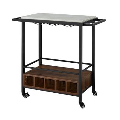 34" Serving Bar Cart White Faux Marble/ Dark Walnut - Saracina Home