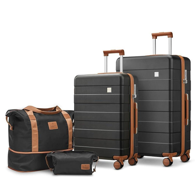 imiomo Luggage Sets 2 Piece Check and Large,Hardside Suitcase with Spinner Wheels, Lightweight Rolling Travel Luggage with TSA Lock (Black, 4PCS)