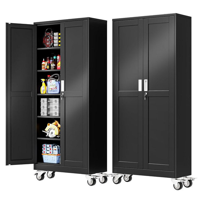 PAOFIN 75''H Metal Garage Storage Cabinet with Wheels,Steel File Cabinets with 2 Doors and 5 Adjustable Shelves for Home Office, Warehouse, Required Assembly,Black