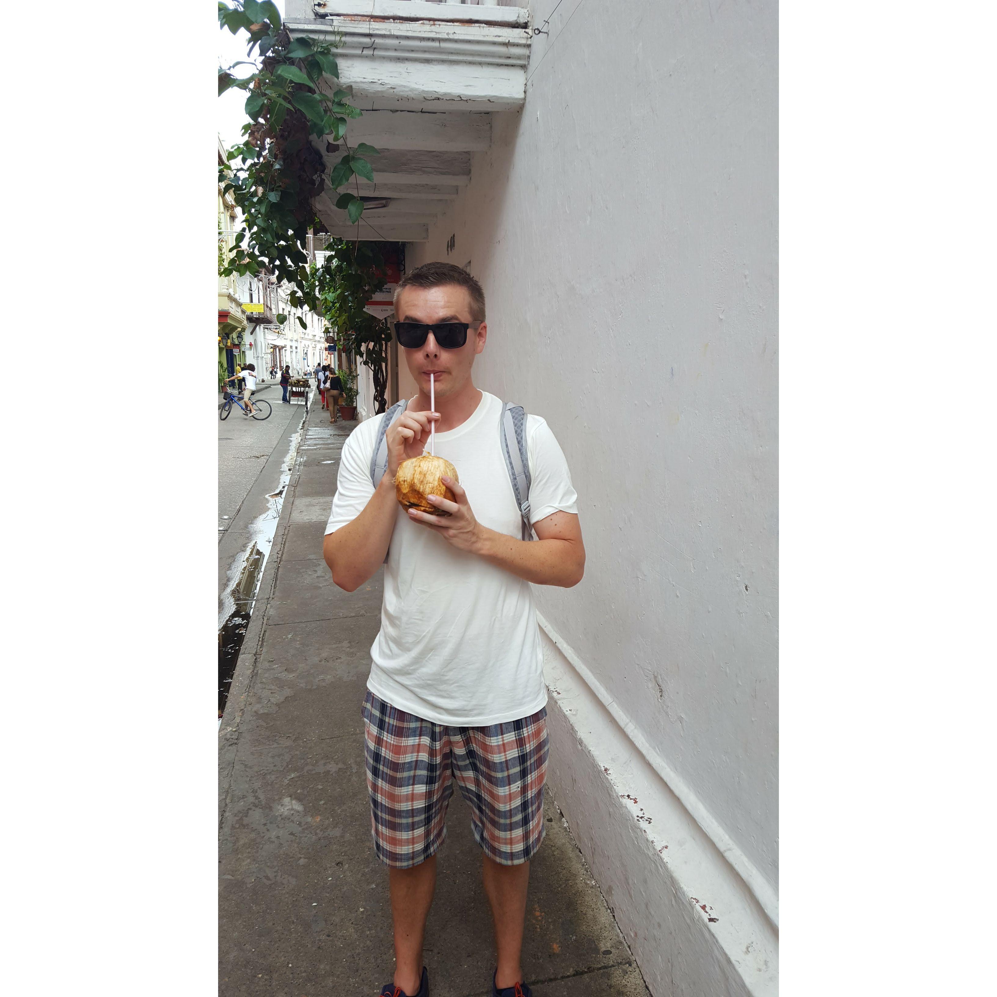 A refreshingly cold coconut in Cartagena, Colombia