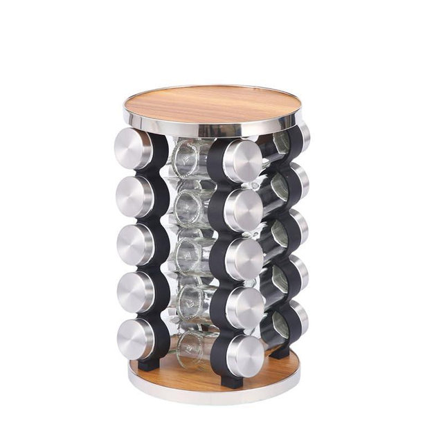 ECO CREST-Spice Jar Organizer 20 Glass Jars with Stainless Steel & Wood Rack Rotating Countertop Spice Holder Ideal for Daily Cooking & Meal Prep
