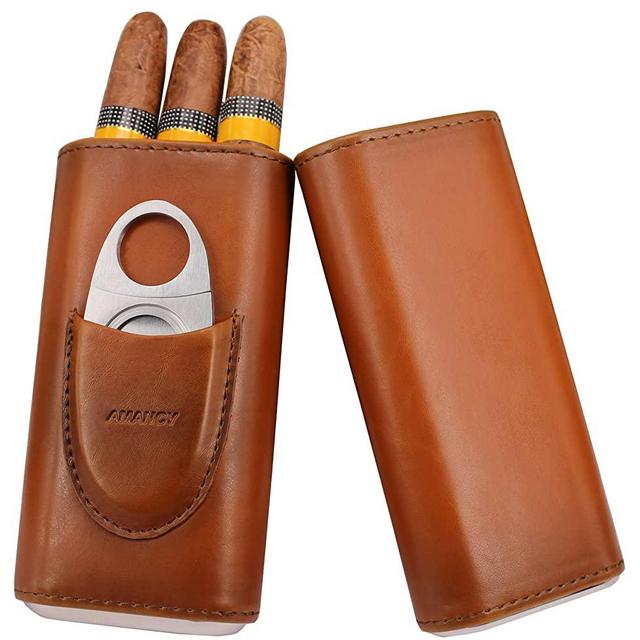 AMANCY Top Quality 3- Finger Brown Leather Cigar Case, Cedar Wood Lined Cigar Humidor with Silver Stainless Steel Cutter