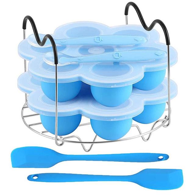 ROTTAY Silicone Egg Bites Molds and Steamer Rack Trivet with Heat Resistant Handles Fit Instant Pot Accessories, 7pcs/set for 6qt & 8qt Electric Pressure Cooker - With 2 Spoons and Silicone spatula