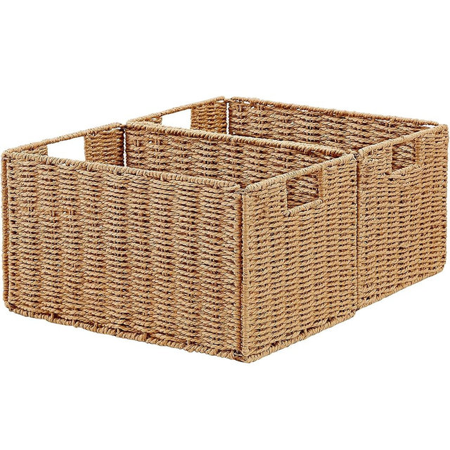 Vagusicc Wicker Storage Basket, Set of 2 Hand-Woven Paper Rope Wicker Basket, Small Storage Baskets for Organizing Toilet Paper Basket, Foldable Large Cube Storage Organizer Bins for Shelves (Natural)