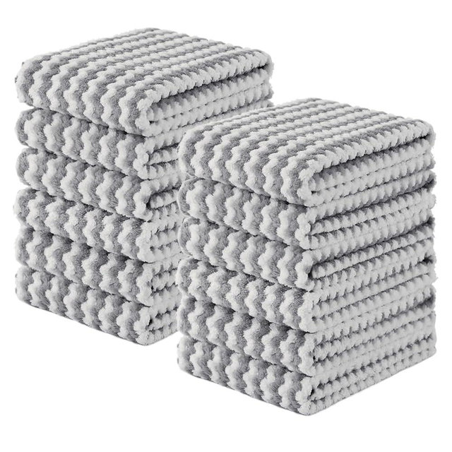 Homaxy Kitchen Towels(12 Pack, 10 x 20 inches), Ultra Soft and Absorbent Dish Towels, Reusable Fast Drying Microfiber Cleaning Cloth, Coral Velvet Wave Design No-lint, Grey