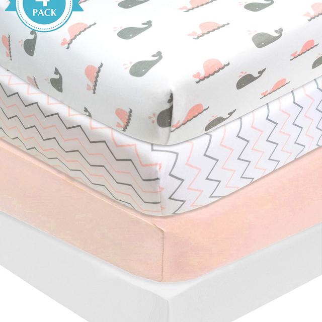 American Baby Company 4 Piece 100% Cotton Jersey Knit Fitted Crib Sheet for Standard Crib and Toddler Mattresses, Blush Whale/Zigzag, for Boys and Girls