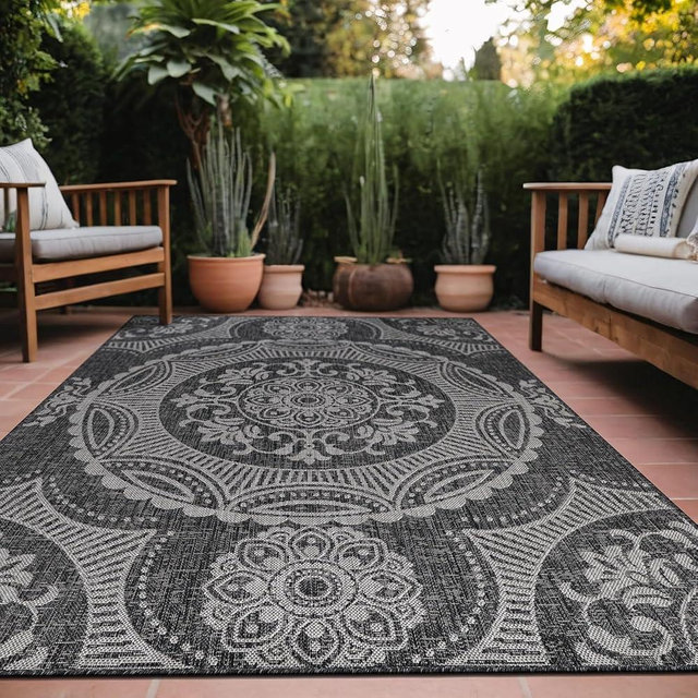 Luul Home Medallion Outdoor Rug 6x9 Washable Outside Carpet for Indoor Patio Porch Waterproof Easy Cleaning Non Shedding Area Rugs Dark Gray 6 x 9